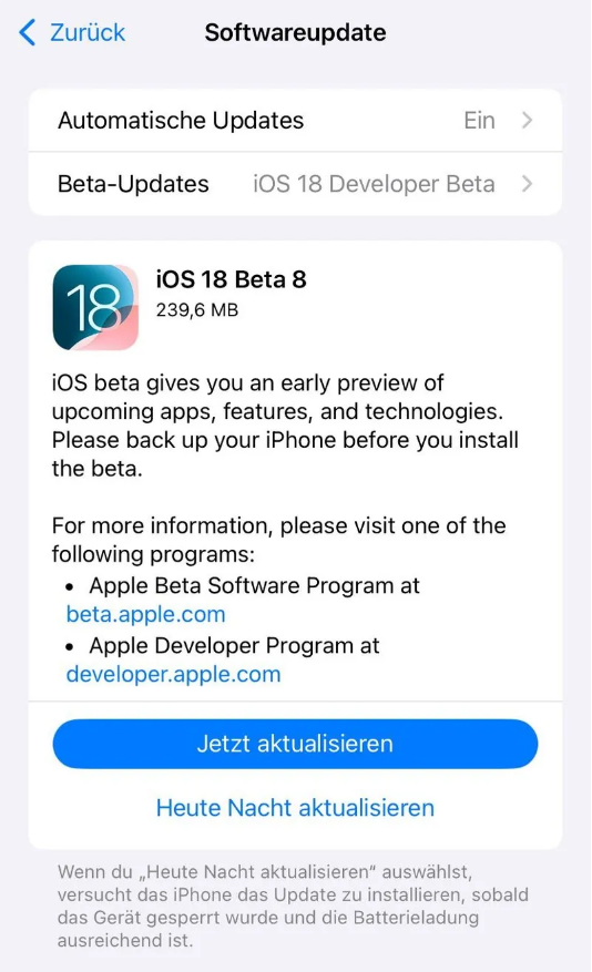 瑞昌苹果手机维修分享苹果 iOS / iPadOS 18 开发者预览版 Beta 8 发布 